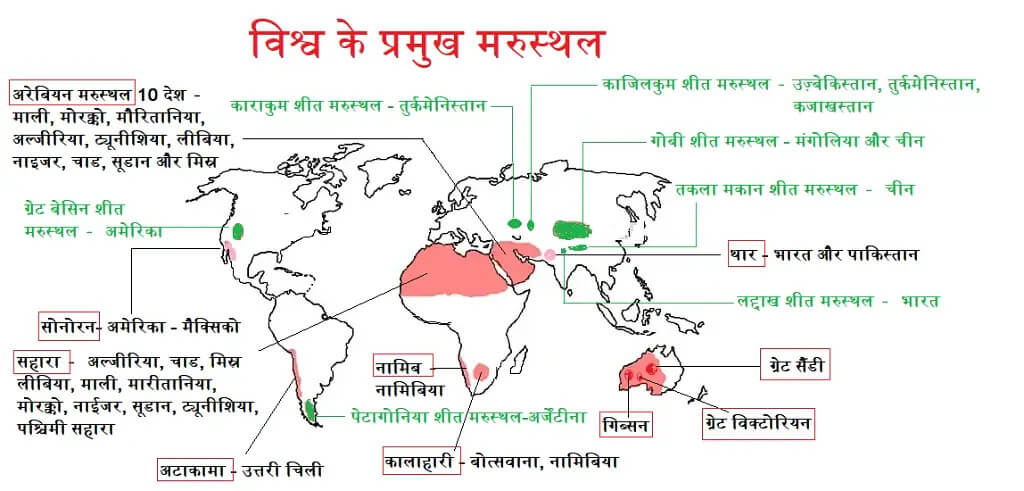Map of World Deserts in Hindi Language