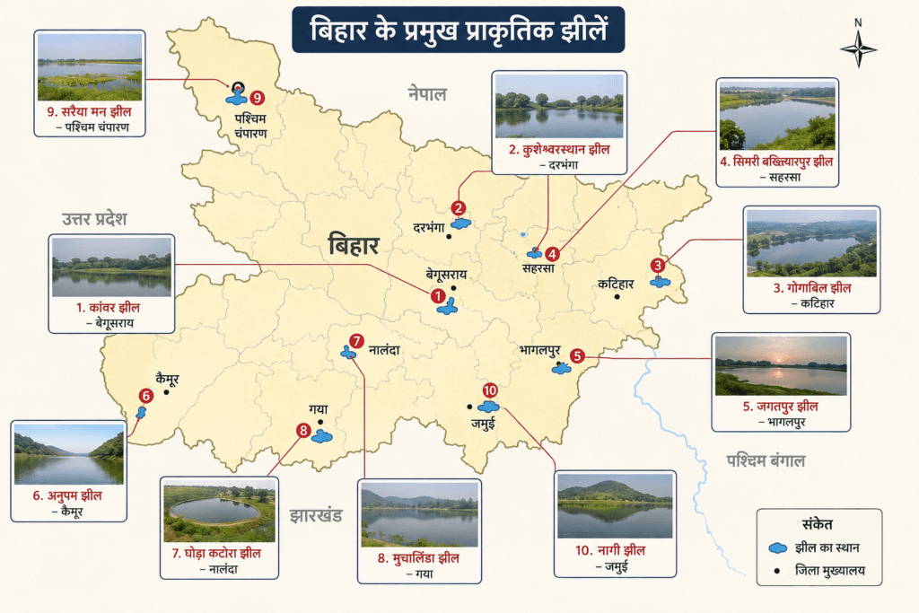 Major Lakes of Bihar Map Infographic Hindi