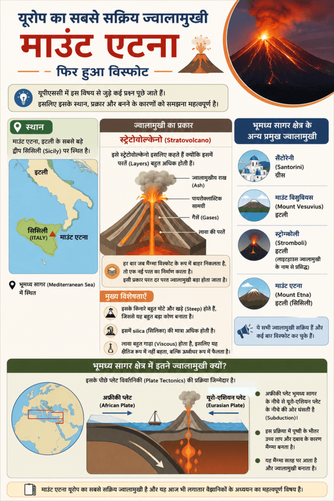 माउंट एटना ज्वालामुखी, Mount Etna Volcano in Hindi, यूरोप का सबसे सक्रिय ज्वालामुखी, सिसिली ज्वालामुखी, स्ट्रेटोवोल्केनो, Stratovolcano in Hindi, माउंट एटना विस्फोट, भूमध्य सागर के ज्वालामुखी, प्लेट विवर्तनिकी, African Eurasian Plate Subduction.