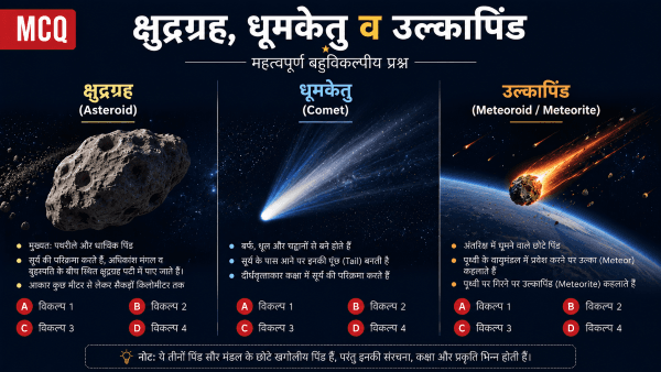 क्षुद्रग्रहों, धूमकेतुओं और उल्कापिंडों पर बहुविकल्पीय प्रश्न (MCQs)