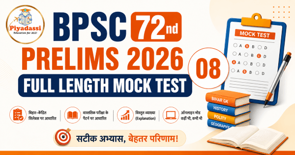BPSC CCE 72nd Prelims 2026 Full Length Mock Test 08 banner by Piyadassi featuring free bilingual practice questions based on the latest Bihar Public Service Commission preliminary examination pattern.