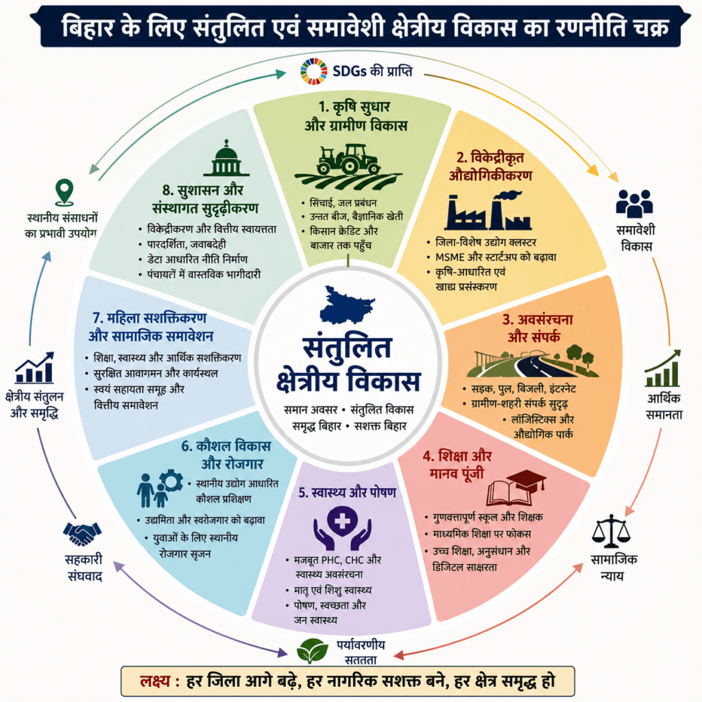 बिहार में संतुलित क्षेत्रीय विकास के लिए तैयार रणनीति चक्र, जिसमें कृषि सुधार, विकेंद्रीकृत औद्योगीकरण, आधारभूत संरचना, शिक्षा, स्वास्थ्य, कौशल विकास, महिला सशक्तीकरण तथा सुशासन जैसे आठ प्रमुख विकास स्तंभों को वृत्ताकार इन्फोग्राफिक के रूप में प्रदर्शित किया गया है.