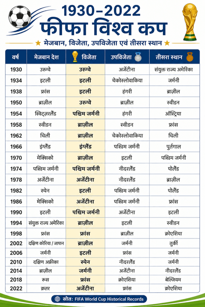 फीफा विश्व कप 2026: इतिहास का सबसे बड़ा फुटबॉल महाकुंभ 3 Fifa World Cup Tournament: 1930 से 2022 तक के विजेता, उपविजेता, तीसरा स्थान और मेजबान देश