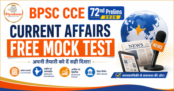 Free BPSC Current Affairs Mock Test for 72nd CCE Prelims 2026 covering National & International Current Affairs, Bihar Special, Economy, Science & Technology by Piyadassi