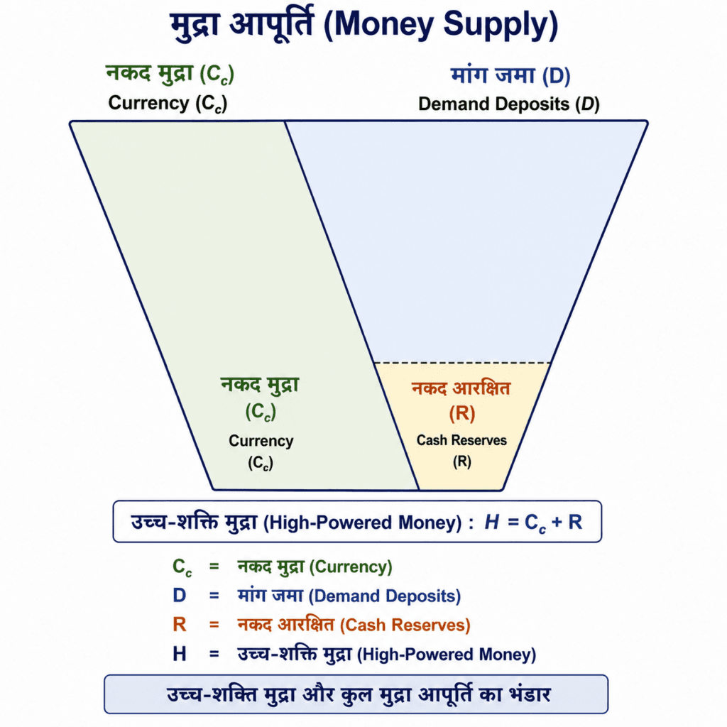 मुद्रा आपूर्ति (Money Supply): प्रकार, घटक, महत्व, अवधारणाएँ, निर्धारक व अन्य पहलू 2 उच्च-शक्ति मुद्रा और कुल मुद्रा आपूर्ति का भंडार Infographic in Hindi