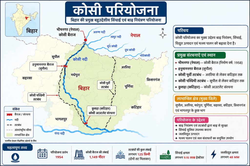 बिहार में सिंचाई के साधन, परियोजनाएं, सरकारी कार्यक्रम व नीति 1 Kosi Project Infographic with Map in Hindi
