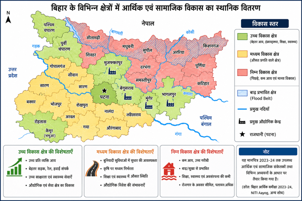 बिहार का विस्तृत रंग-कोडित मानचित्र जिसमें उच्च, मध्यम और निम्न विकास वाले जिले, उत्तर बिहार का बाढ़-प्रभावित क्षेत्र, प्रमुख नदियाँ, औद्योगिक केंद्र तथा पटना सहित विकास के प्रमुख केंद्रों का स्थानिक वितरण दर्शाया गया है.