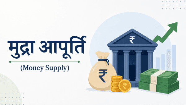 मुद्रा आपूर्ति (Money Supply) का चित्र जिसमें बैंक, मुद्रा, रुपये का प्रतीक और आर्थिक वृद्धि को दर्शाया गया है।