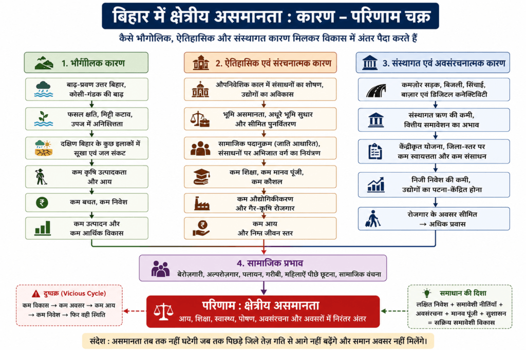 बिहार में क्षेत्रीय असमानता का विस्तृत फ्लोचार्ट, जिसमें भौगोलिक, ऐतिहासिक, सामाजिक, आर्थिक और संस्थागत कारणों से उत्पन्न गरीबी, बेरोज़गारी, प्रवास तथा विकास विषमता के चक्र को क्रमबद्ध रूप में दर्शाया गया है.