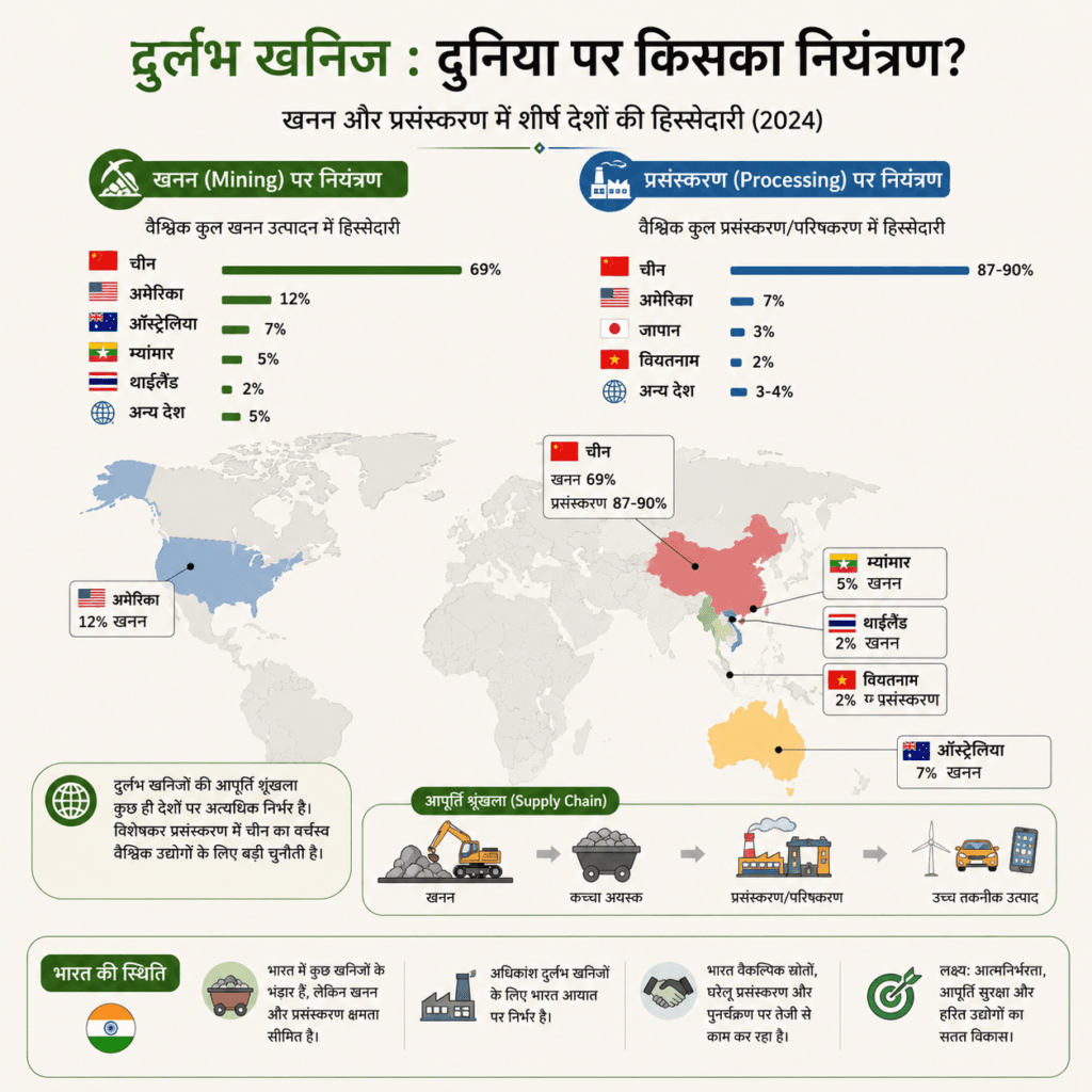 Mining and Processing control on Rare Earth Minerals country wise infographic on world map in Hindi