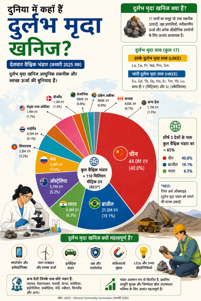 Pie Chart on Country wise Deposits of Rare Earth Minerals with other details infographic in Hindi 