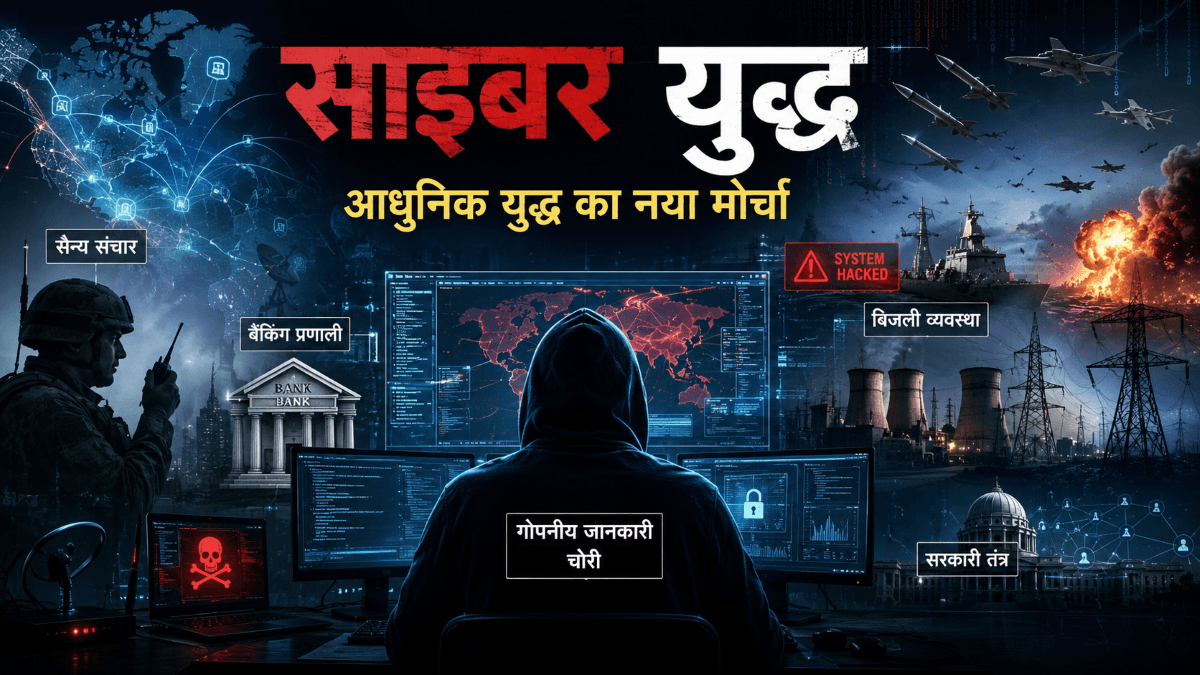 साइबर युद्ध में सैन्य संचार, बैंकिंग, बिजली व्यवस्था और सरकारी तंत्र पर डिजिटल हमले का चित्रण